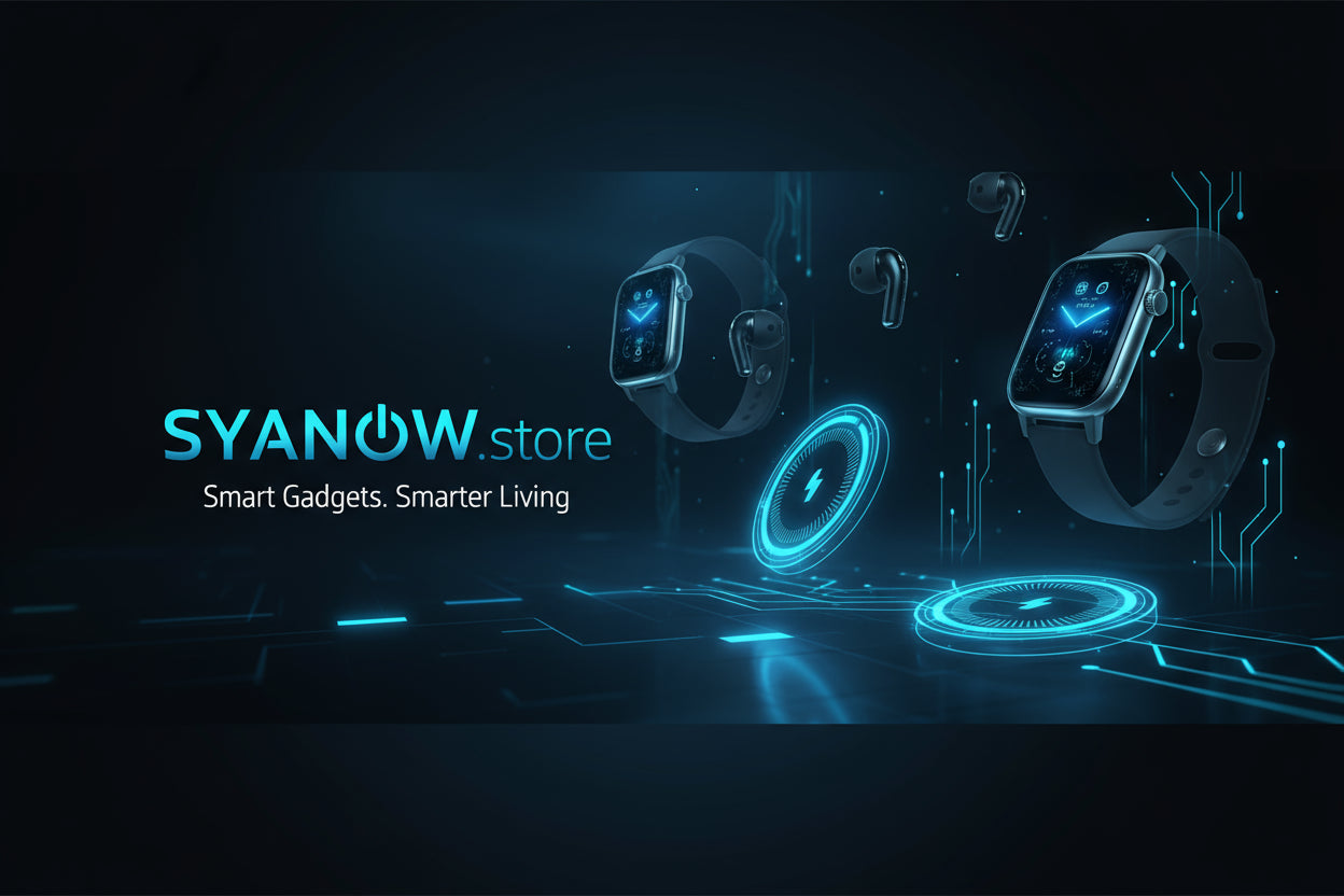 A sleek, futuristic banner for an online gadget store named “SYANOW.store.”
The design should feature a dark, modern tech aesthetic with smooth gradients, glowing blue and cyan accents, and subtle reflections.

Include the SYANOW.store logo (with the glowing power symbol in the “O”) at the center or left side.
Add a tagline in clean white text: “Smart Gadgets. Smarter Living.”

The background should feature a digital tech scene — floating holographic gadgets, smartwatches, earbuds, wireless chargers, neon c