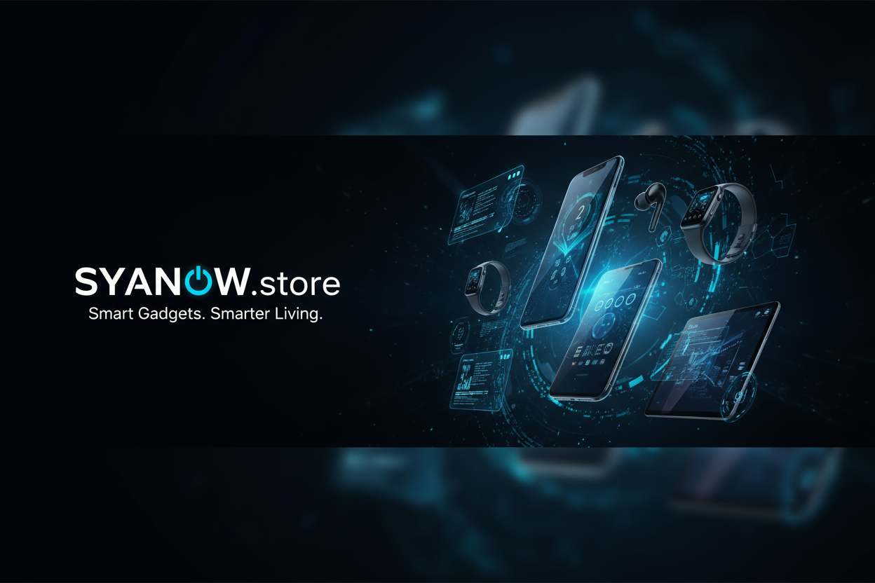 A sleek, futuristic banner for an online gadget store named “SYANOW.store.”
The design should feature a dark, modern tech aesthetic with smooth gradients, glowing blue and cyan accents, and subtle reflections.

Include the SYANOW.store logo (with the glowing power symbol in the “O”) at the center or left side.
Add a tagline in clean white text: “Smart Gadgets. Smarter Living.”

The background should feature a digital tech scene — floating holographic gadgets